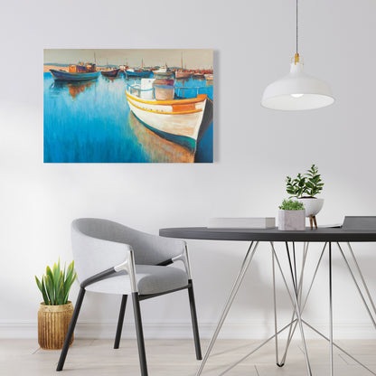 Toile « Bateaux de pêche à la marina » – Décoration d'intérieur encadrée bleue