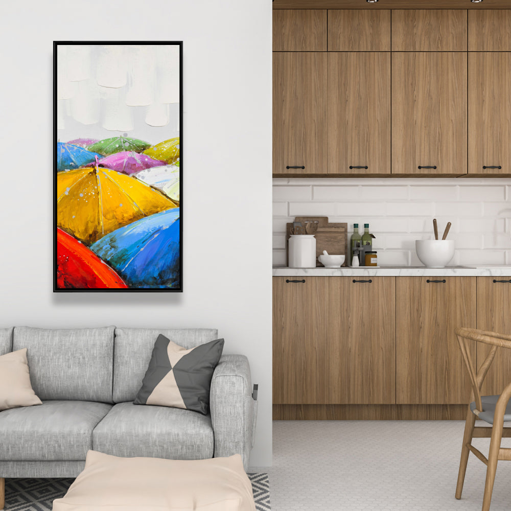Toile Parapluies colorés - Cadre bleu | Décoration murale