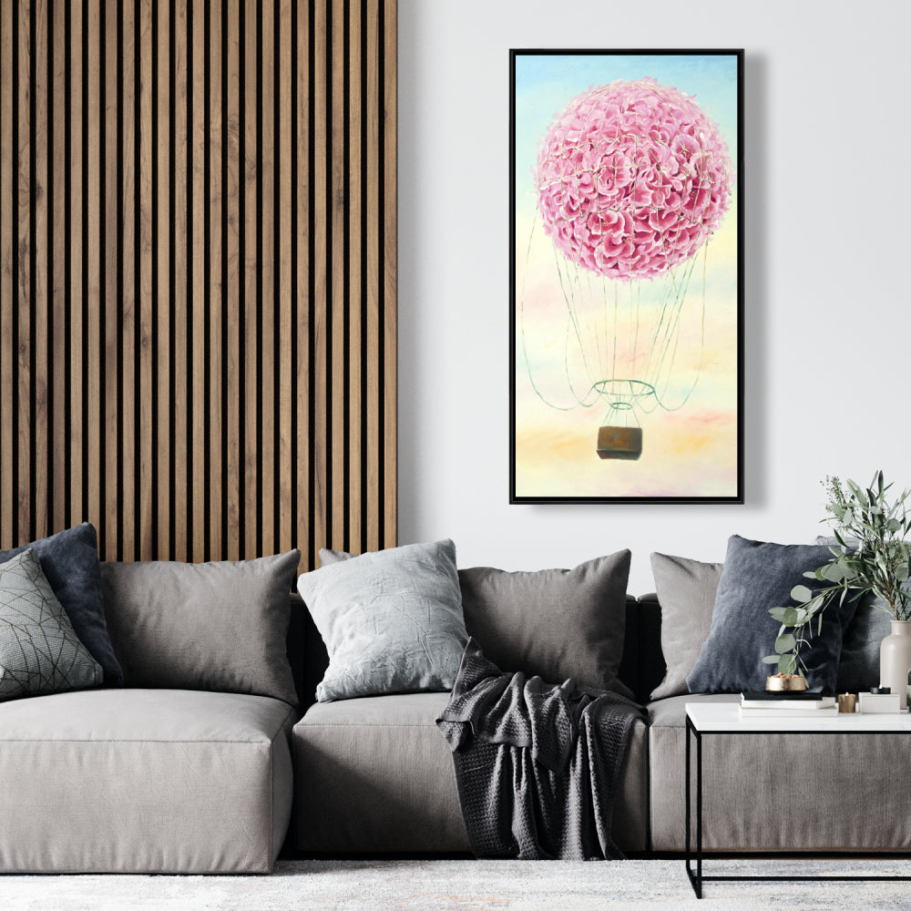 Hot Air Balloon Hydrangea Flowers Framed Canvas | Home Decor