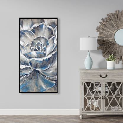 Toile encadrée à motif de fleurs botaniques bleues, grises et bleues, décoration d'intérieur