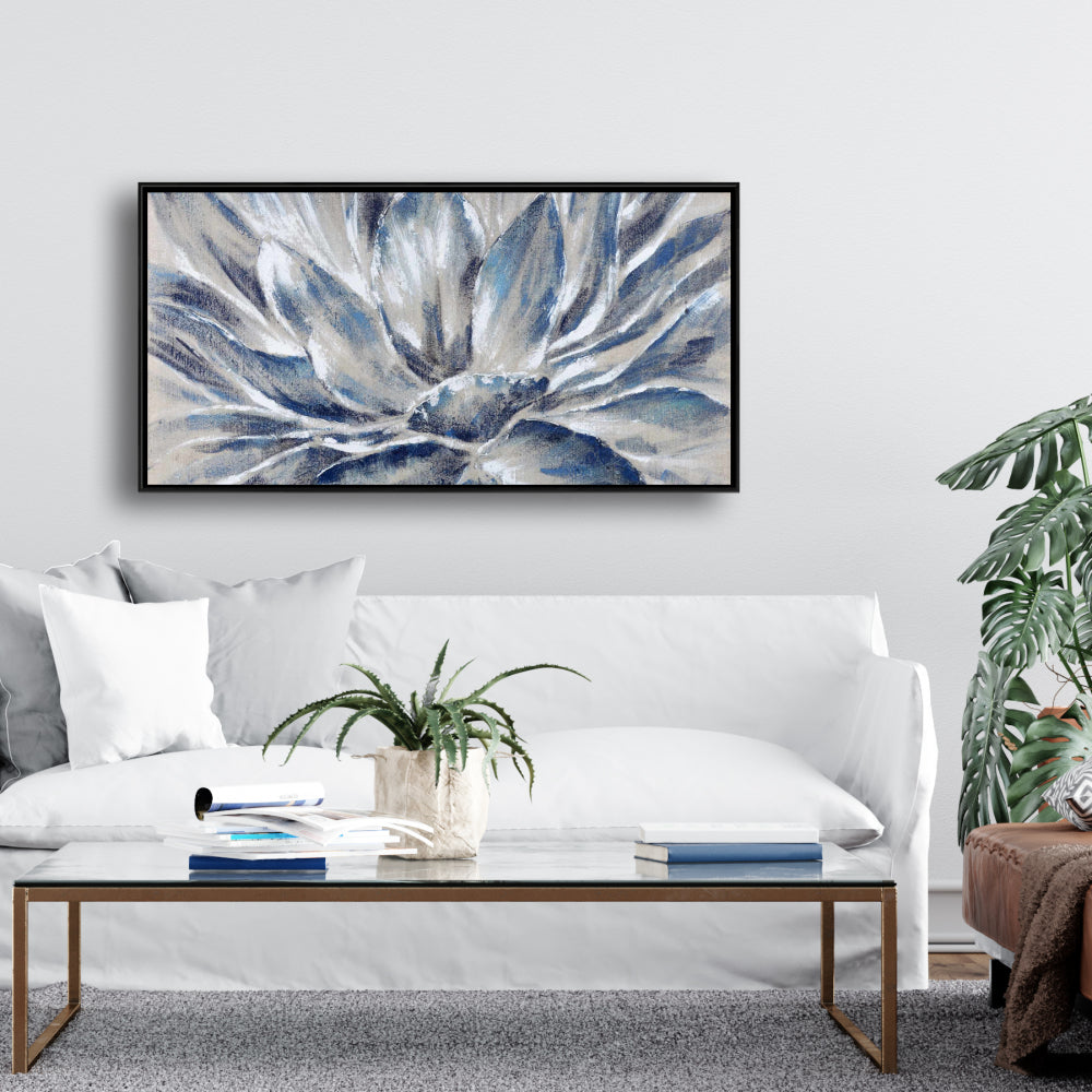Toile encadrée à fleurs bleues et grises | Décoration botanique pour chambre