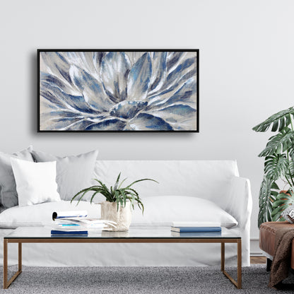 Toile encadrée à fleurs bleues et grises | Décoration botanique pour chambre