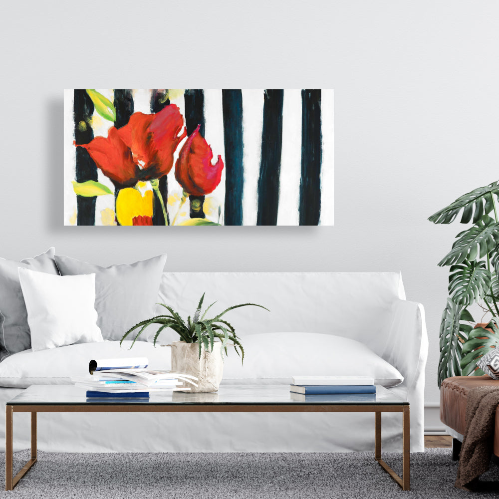 Red Flowers on Stripes Canvas - Botanical Fashion Home Decor