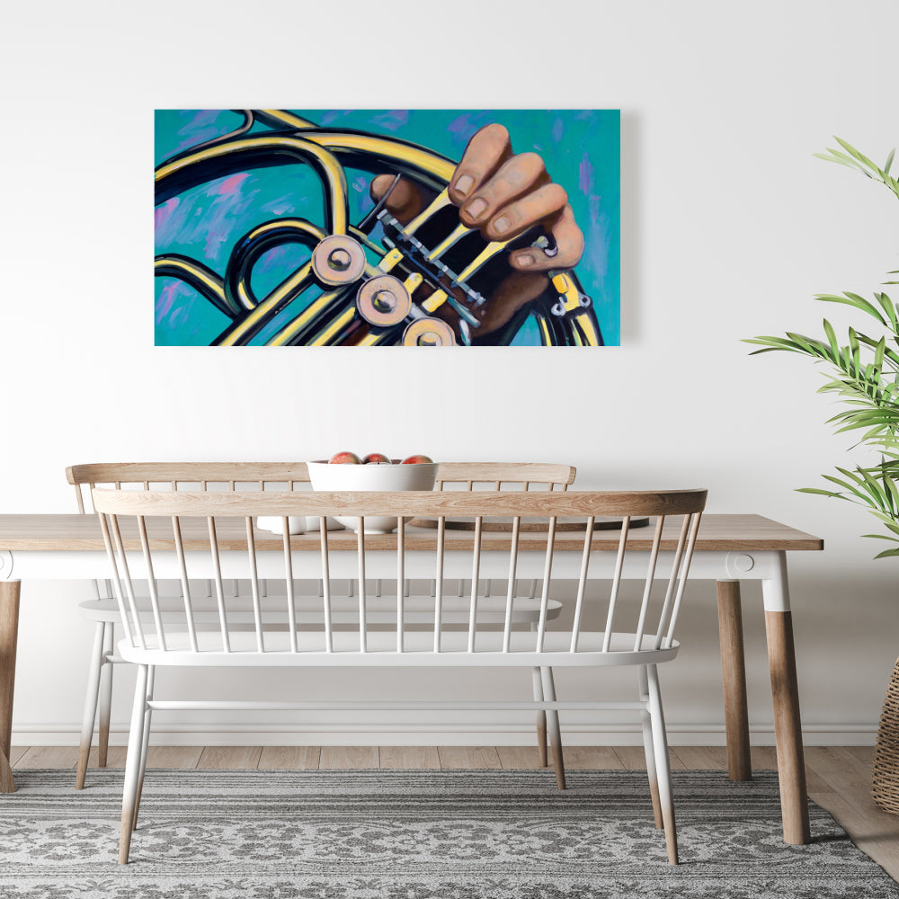 Toile murale jaune – Décor de musicien avec cor français