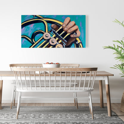 Toile murale jaune – Décor de musicien avec cor français