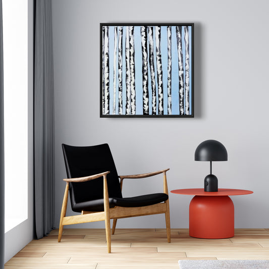 Bouleaux sur fond bleu | Toile encadrée | Décoration d'intérieur
