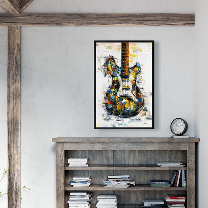 Toile abstraite colorée représentant une guitare - Décoration de salon bleu