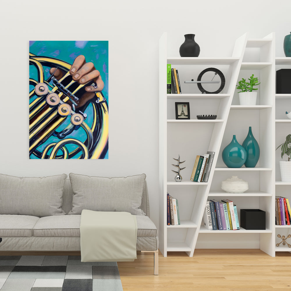 Toile murale jaune – Décor de musicien avec cor français