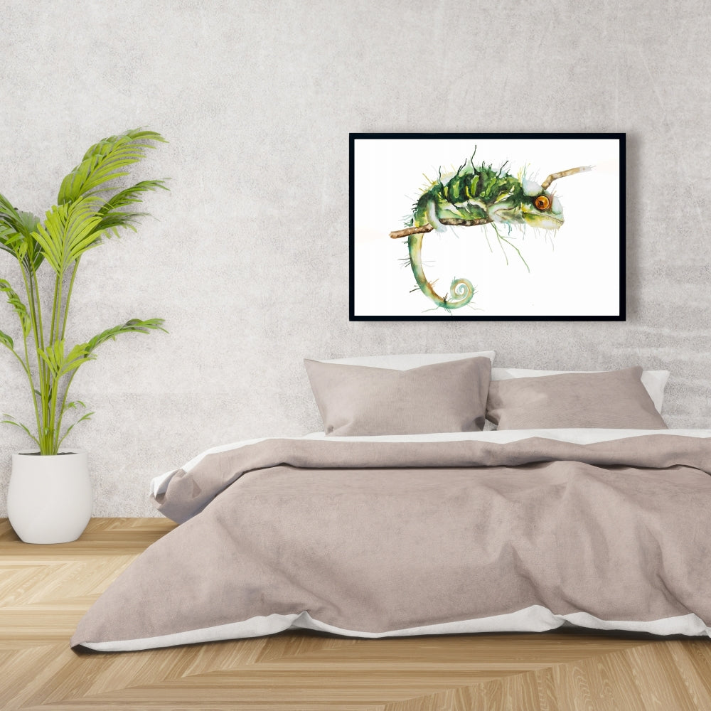 Caméléon à l'affût | Toile encadrée verte pour salon