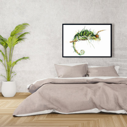 Caméléon à l'affût | Toile encadrée verte pour salon