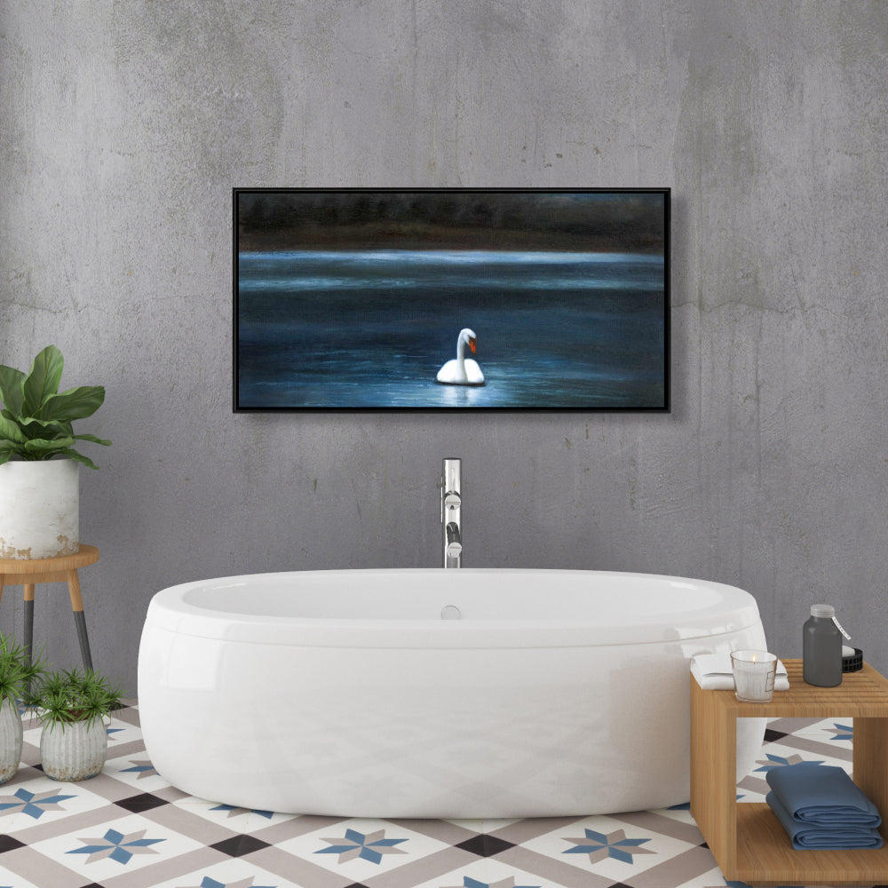 Magnifique toile « Cygne » | Arbres romantiques, cadre bleu, décoration d'intérieur