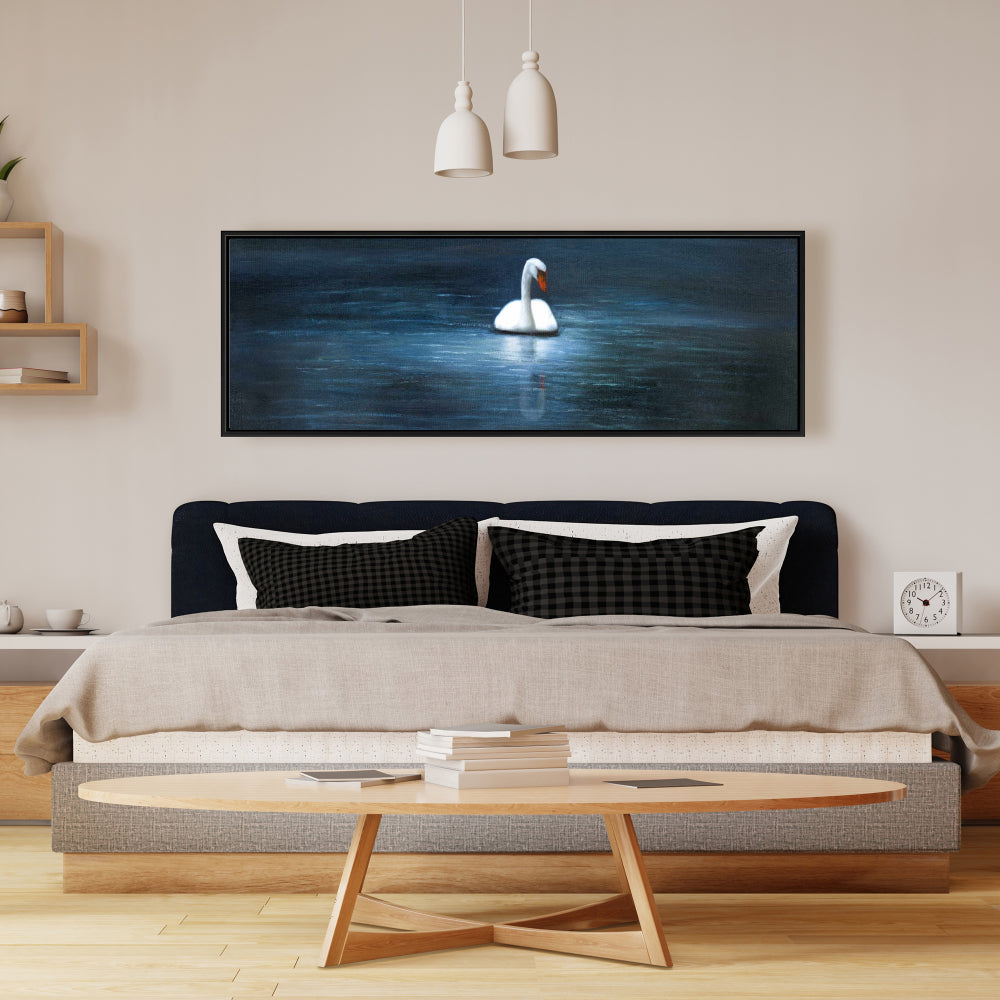 Magnifique toile « Cygne » | Arbres romantiques, cadre bleu, décoration d'intérieur