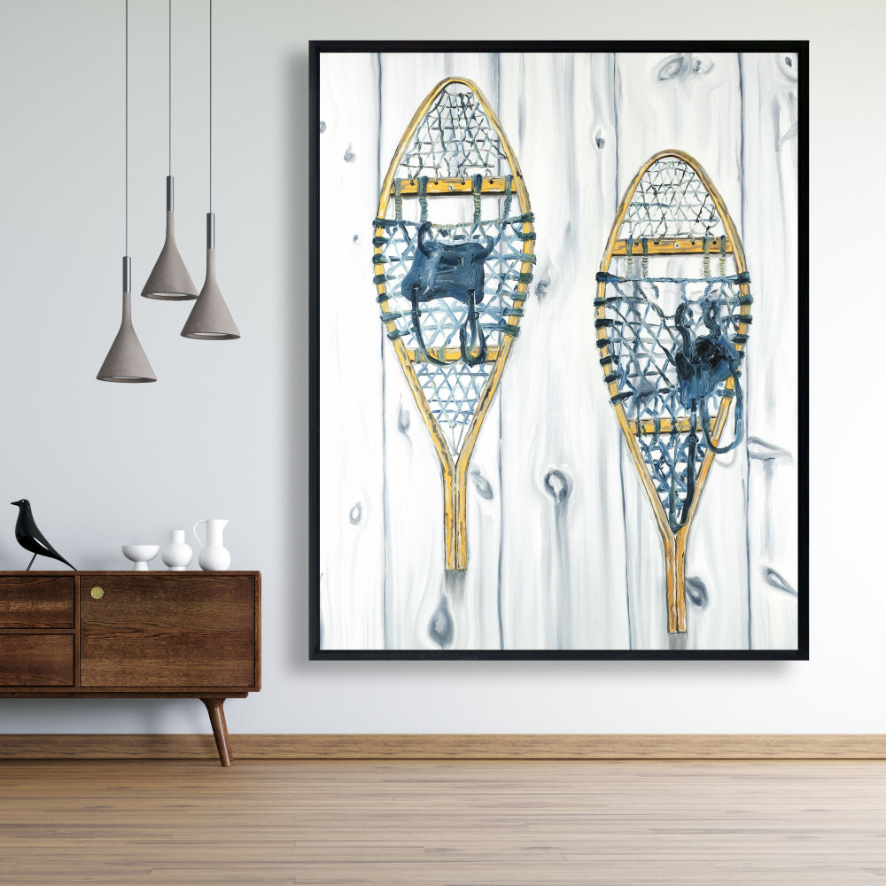 Blue Rustic Framed Canvas - Vintage Wood Snowshoes Decor