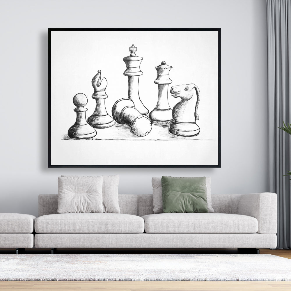 Toile encadrée « Pièces de jeu d'échecs » - Décoration de jeux et de sports blancs