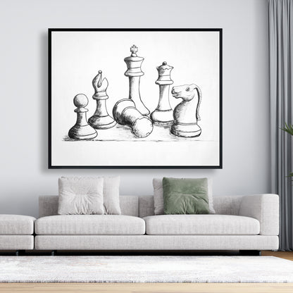 Toile encadrée « Pièces de jeu d'échecs » - Décoration de jeux et de sports blancs