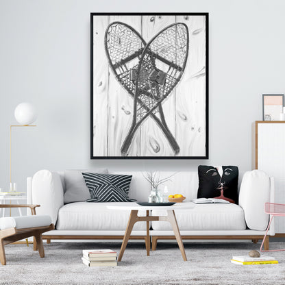 Toile rustique grise | Décoration vintage en bois monochrome avec raquettes à neige