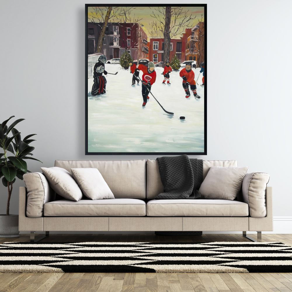 Toile encadrée marron représentant de jeunes joueurs de hockey
