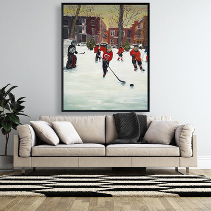 Toile encadrée marron représentant de jeunes joueurs de hockey