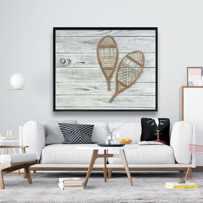 Toile encadrée rustique marron « Raquettes à neige » | Décoration d'intérieur enneigée