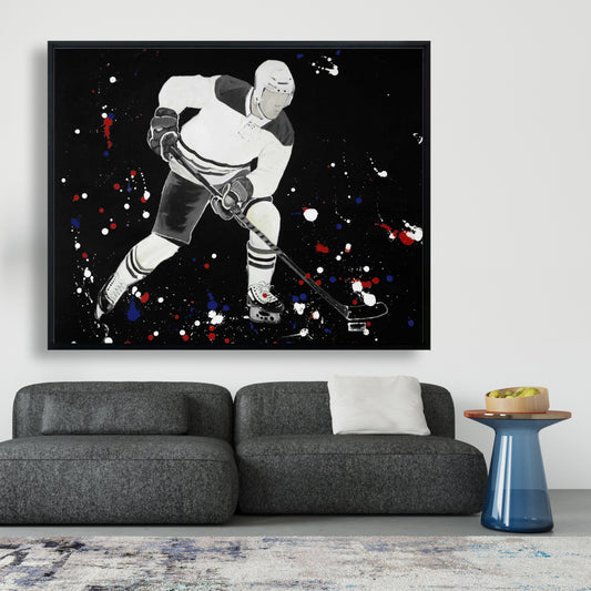 Toile de joueur de hockey | Décoration sportive moderne encadrée bleue