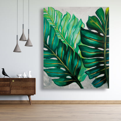 Bedroom Green Botanical Canvas - Three Exotic Plant Leaves Decor