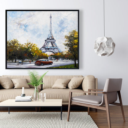 Conduire près de la Tour Eiffel sur toile bleue - Art mural contemporain