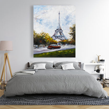 Driving Near Eiffel Tower Trees Blue Canvas Home Decor