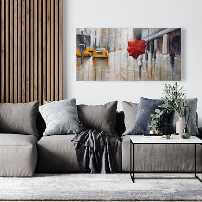 Toile « Rue des parapluies rouges » – Décoration murale contemporaine pour chambre à coucher