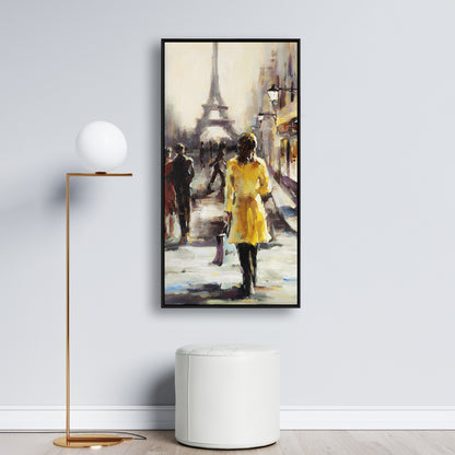 Toile représentant une femme au manteau jaune – Décoration murale contemporaine pour chambre à coucher