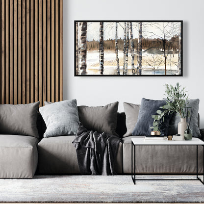 Toile rustique bleue « Marais d'hiver » | Décoration murale encadrée avec arbres