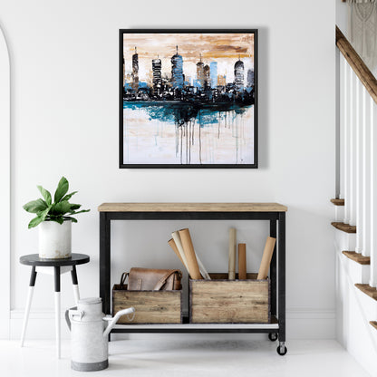 Toile de chambre industrielle bleue – Décor de bâtiments à l'horizon