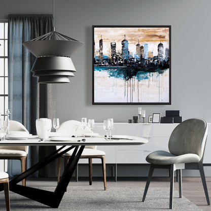 Blue Industrial Bedroom Canvas - Buildings on the Horizon Decor