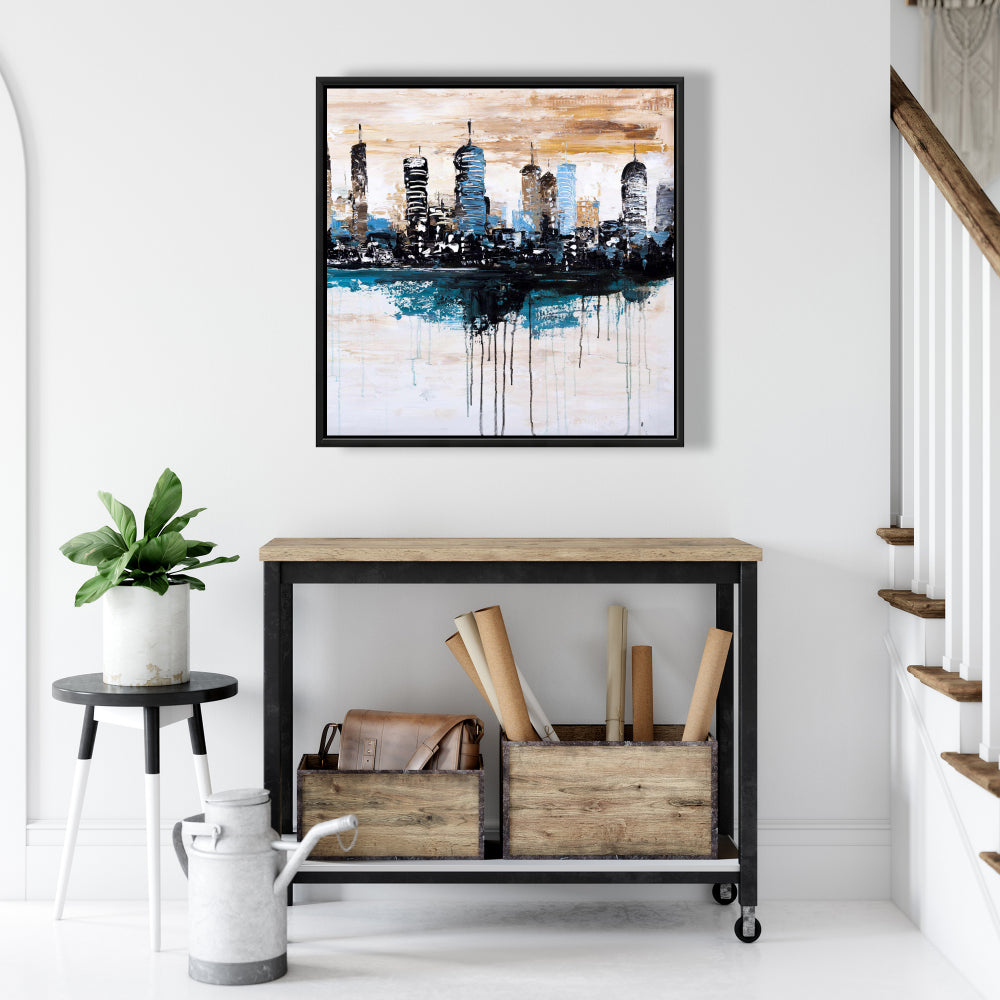 Blue Industrial Bedroom Canvas - Buildings on the Horizon Decor