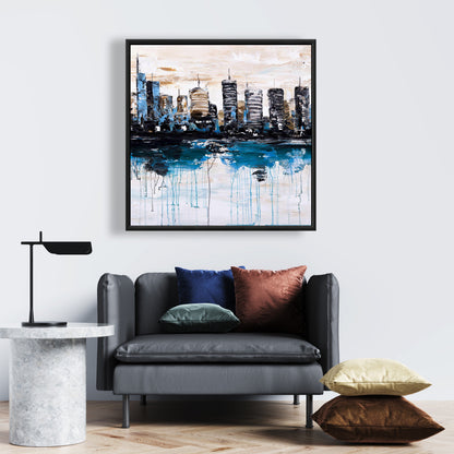 Abstract City on Water - Blue Framed Canvas | Home Decor
