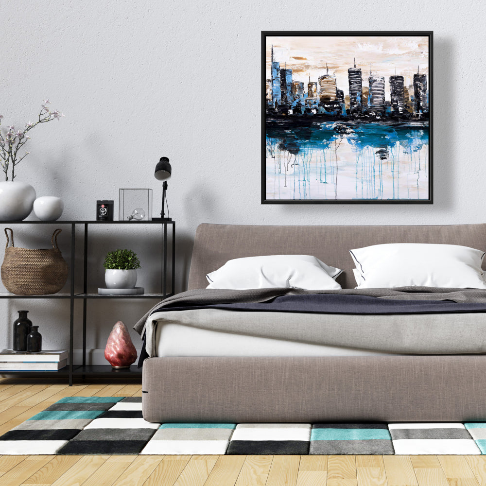 Ville abstraite sur l'eau – Toile encadrée bleue | Décoration d'intérieur