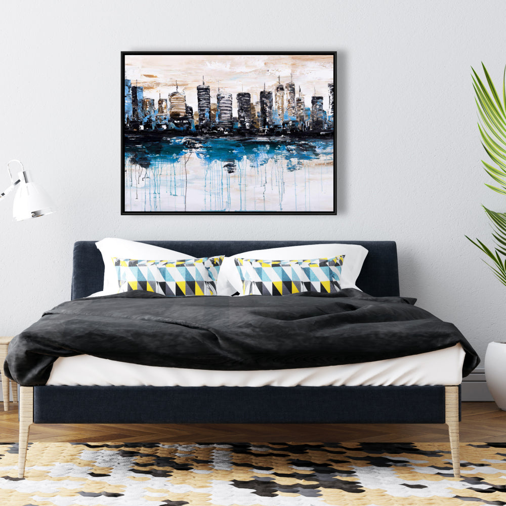Abstract City on Water - Blue Framed Canvas | Home Decor
