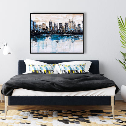Abstract City on Water - Blue Framed Canvas | Home Decor