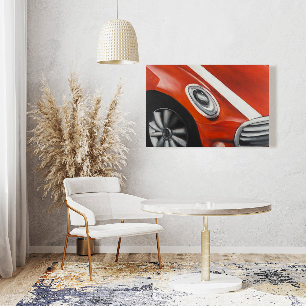 Red Car Canvas - Closeup with White Stripes | Home Decor Art