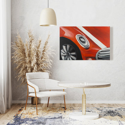 Red Car Canvas - Closeup with White Stripes | Home Decor Art