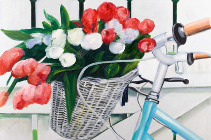Bicycle with Tulips Framed Canvas | Floral Bedroom Decor