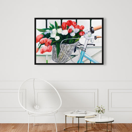 Bicycle with Tulips Framed Canvas | Floral Bedroom Decor