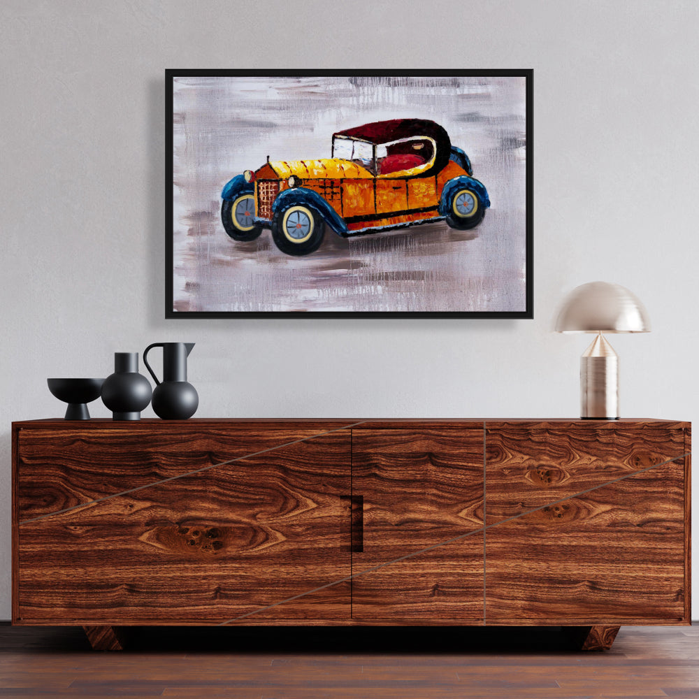 Toile « Voiture jouet jaune » | Décoration murale encadrée bleue