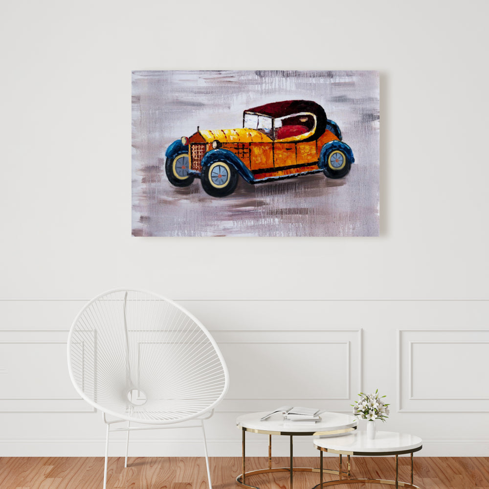 Voiture jouet jaune vintage sur toile bleue | Décoration d'intérieur