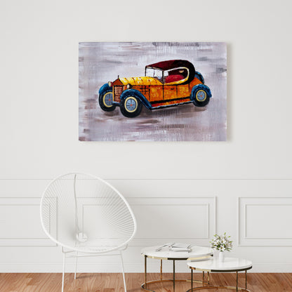 Voiture jouet jaune vintage sur toile bleue | Décoration d'intérieur