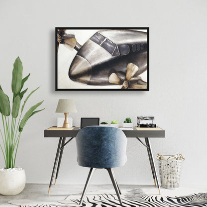 Toile « Avion en plein vol » | Cadre gris industriel