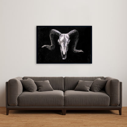 Ram Skull Grunge Canvas | Gray Framed Farm Animal Decor