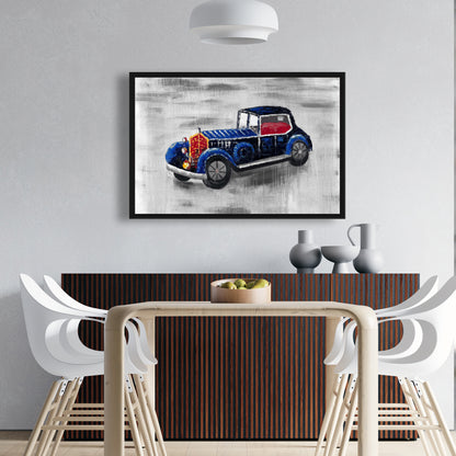Toile vintage bleue représentant une petite voiture | Décoration de chambre