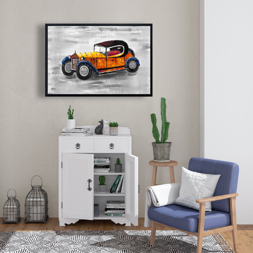 Toile grise pour chambre à coucher – Décoration encadrée représentant une voiture vintage jaune