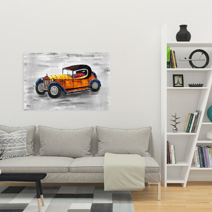 Toile jouet voiture vintage jaune - Décoration murale pour chambre à coucher
