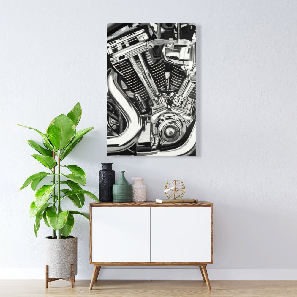 Contemporary White Canvas | Mechanism of a Motorcycle Decor